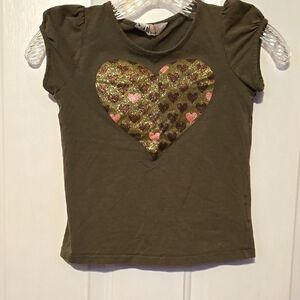 H&M Short Sleeve Tee, Sz 6yrs, Olive Green,Pink, Sparkly Hearts, Cap Sleeve